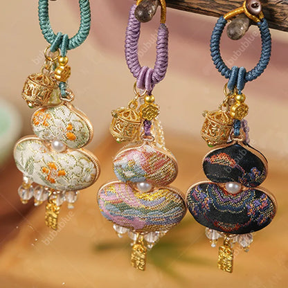 Song Brocade Gourd-Shaped Keychain Pendant With A Hollowed-Out Aromatherapy Ball