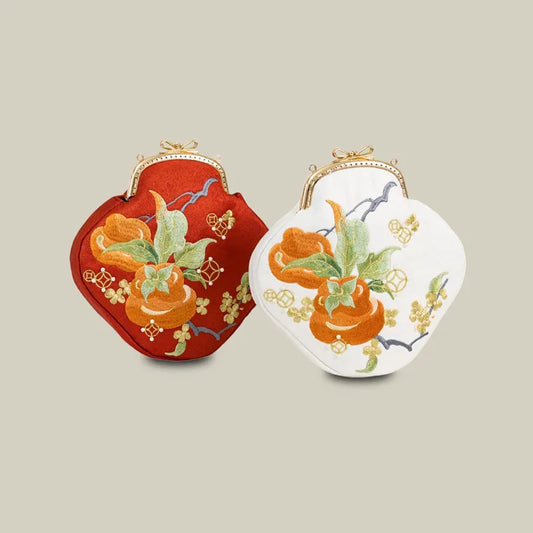 Persimmon Embroidered Pearl Chain Kiss-Lock Crossbody Bag