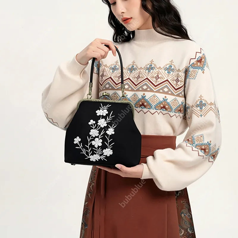 Milk Silk White Nightshade Embroidered Small Square Bag With Leather Handle
