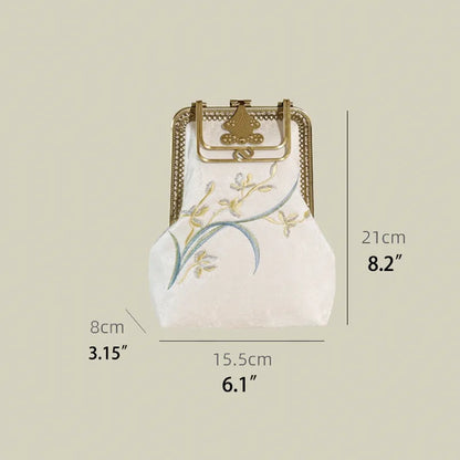 Orchid Embroidered Vintage White Evening Bag With Metal Handle