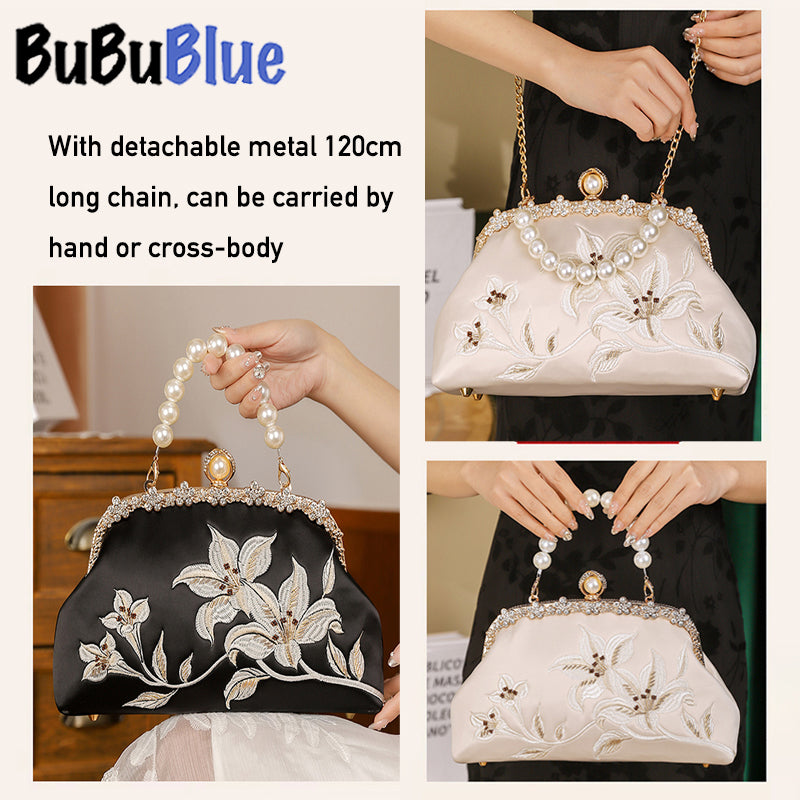 BUBUBLUE Chinese Style Embroidery Cheongsam Handbag Elegant Pearl Clutch Bag