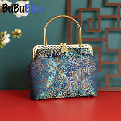 BUBUBLUE Handmade Peacock Blue Vintage Handbag Women Chinese Style Square Cheongsam Bag Luxury Dinner Bag