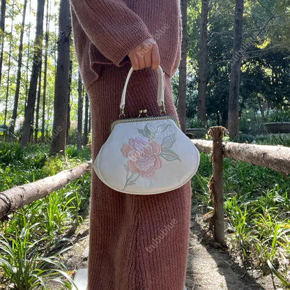 Vintage Begonia Embroidered Shell Satin Handbag with Pearl Chain