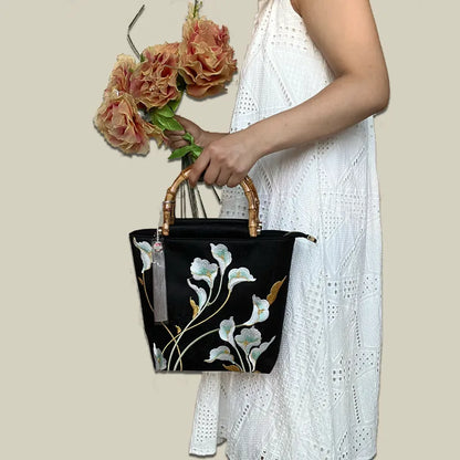 Embroidered Calla Lily Tote Bag with Wooden Handle