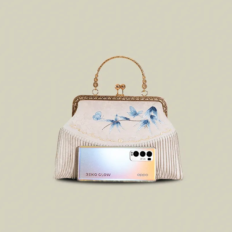 Butterfly Embroidered Tassel White Evening Bag