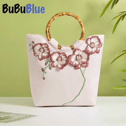 BUBUBLUE Chinese Style Bamboo Handle White 3D Embroidery Tote Bag Women With Cheongsam Tea Dress