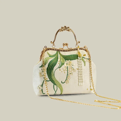 Lily of the Valley Embroidered Kiss-Lock White Handbag with Pearl Tassel