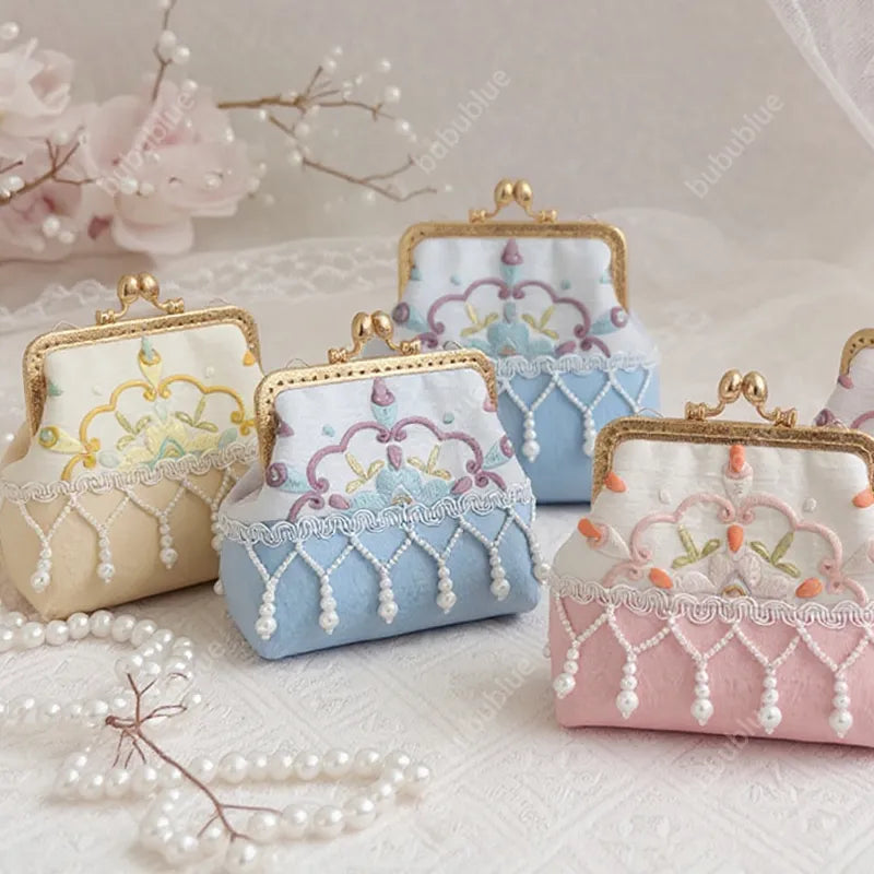 Pearl Tassel Embroidered Lace Vintage Mini Kiss Lock Coin Purse