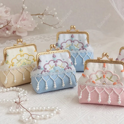 Pearl Tassel Embroidered Lace Vintage Mini Kiss Lock Coin Purse