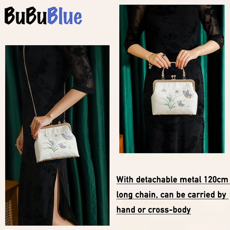 BUBUBLUE Chinese Style Butterfly Embroidered Vintage Handbag Square Cheongsam Handbag With Crossbody Chain