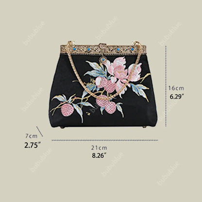 Vintage Lychee Embroidered Satin Handbag with Metal Beads