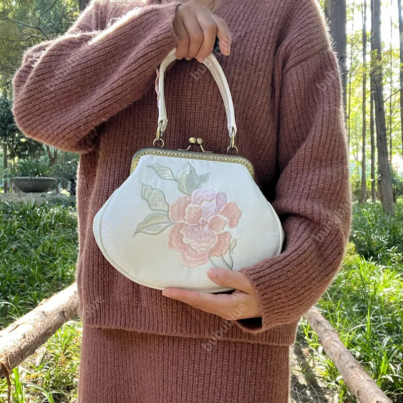 Vintage Begonia Embroidered Shell Satin Handbag with Pearl Chain