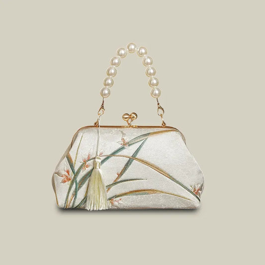 Orchid Bloom Embroidered Kiss-Lock Handbag with Pearl Handle