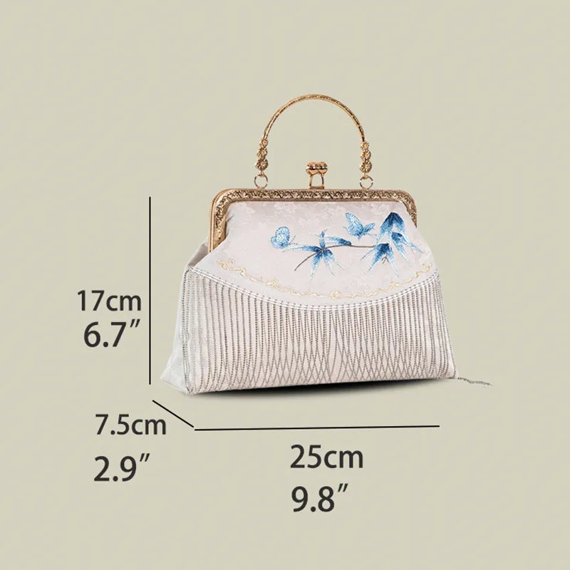 Butterfly Embroidered Tassel White Evening Bag