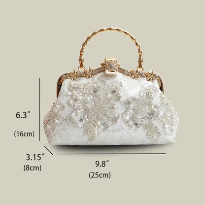White Floral Embroidery Evening Handbag