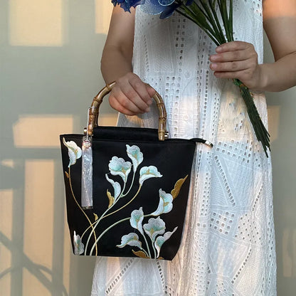 Embroidered Calla Lily Tote Bag with Wooden Handle
