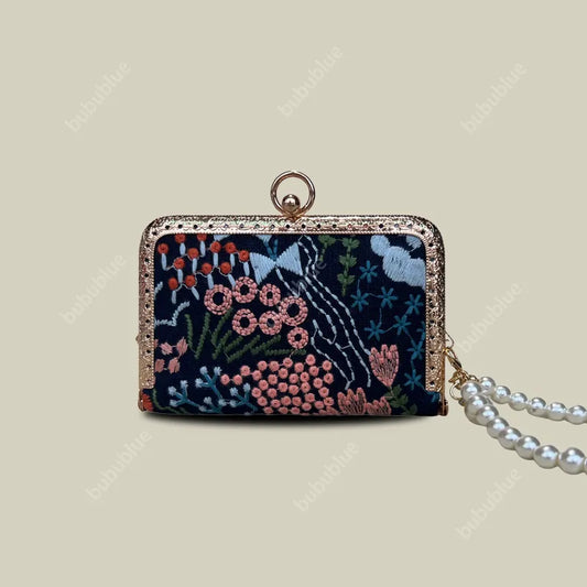 Blossom Stitch Card Wallet with Pearl Wristle With Compartments