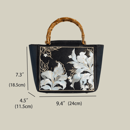 Lily Embroidered Tote Bag With Bamboo Handle(Black/Red）