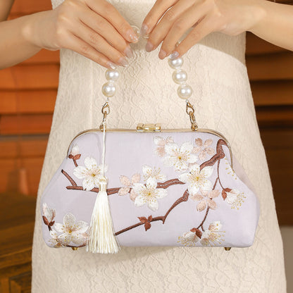 BUBUBLUE Chinese Style Embroidered Beige Cheongsam Handbag Pearl Chain