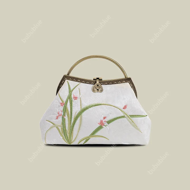 Orchid Embroidery White Handbag With Round Metal Handles