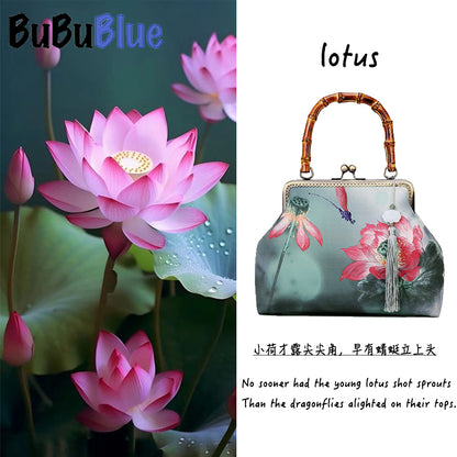 BUBUBLUE Chinese Style Wooden Handle Cheongsam Handbag Lotus  Printed Large Capacity