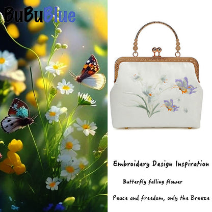 Butterfly Embroidered White Kiss-Lock Handbag