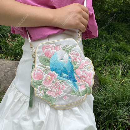 Cute Crossbody Mobile Phone Bag With Flower And Bird Embroidery