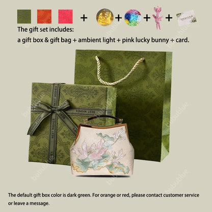 Embroidered Lotus Square Kiss-Lock Handbag with Acrylic Handle