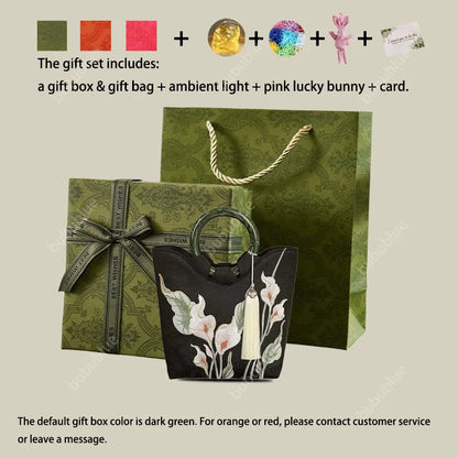 Calla Lily Embroidered Tote Bag with Vintage Green Acrylic Handle