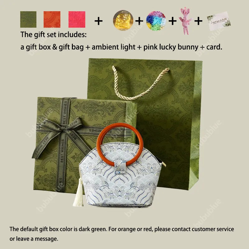 Brocade Shell Handbag with Wooden Ring Handle