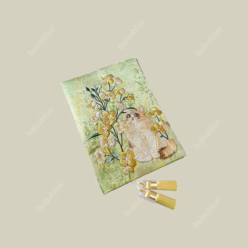 Embroidered Cute Cat Vintage Embroidered Original Handmade Book Sleeve Notebook/Journal (A5)