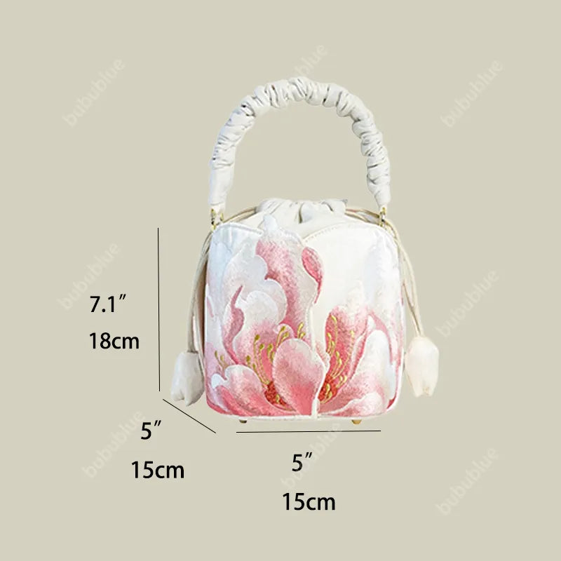 Peony Embroidered Vintage Bucket Bag with Drawstring Closure