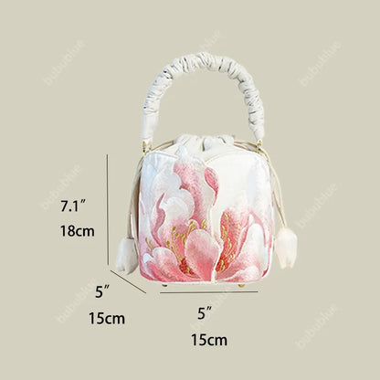 Peony Embroidered Vintage Bucket Bag with Drawstring Closure