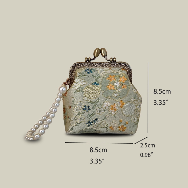 Pomegranate Blossom Brocade Coin Purse with Pearl Handle