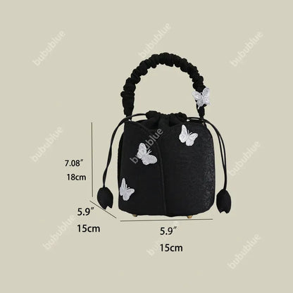 Black Butterfly Embroidered Vintage Bucket Bag Crossbody