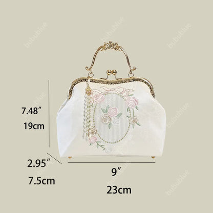 Vintage Rose Embroidered Handbag with Pearl Tassel & Gold Handle