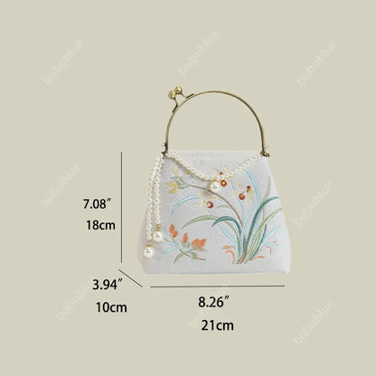 Cotton And Linen Orchid Embroidery Handbag With Pearl Chain (White/Red/Orange-Brown)