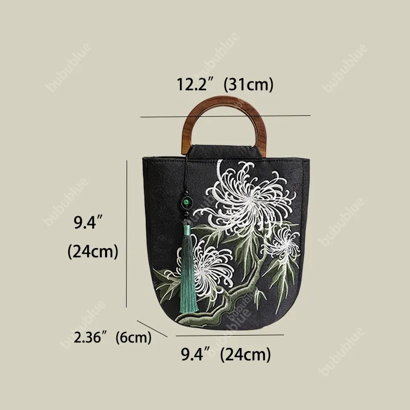 Vintage Chrysanthemum Embroidery Tote Bag with Wooden Handle