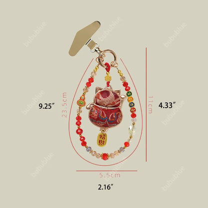 Song Brocade Lucky Cat Charm Bag Pendant with Beads