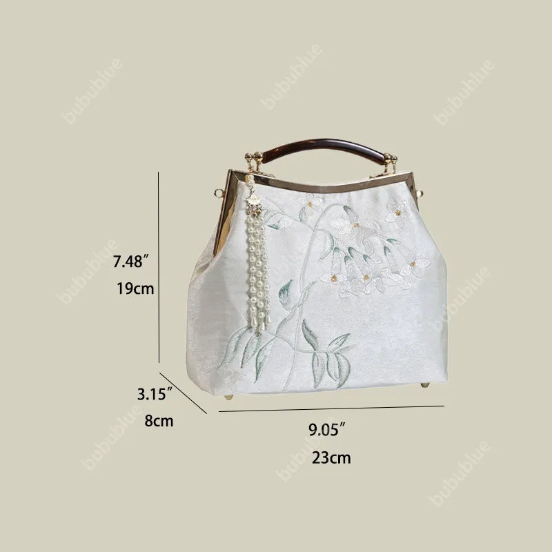 White Pear Blossom Embroidered Kiss Lock Clutch with Pearl Tassel