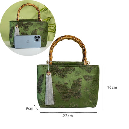 BUBUBLUE Chinese Style Handmade Brocade Handbag Women Aesthetic Simple Classic Wooden Handle Vintage Cheongsam Tote Bag(Green/Black/Brown)