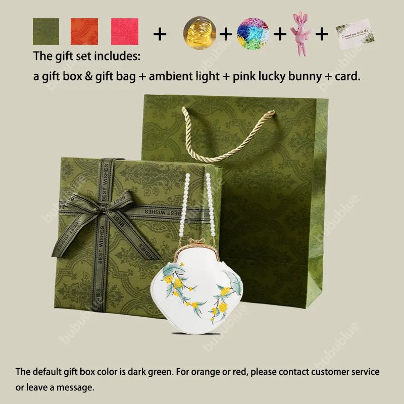 Persimmon Embroidered Pearl Chain Kiss-Lock Crossbody Bag