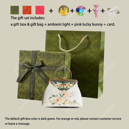 Butterfly Garden Embroidered White Handbag with Gem Lock