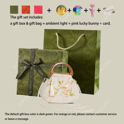 Peony Bloom White Embroidered Handbag with Wooden Handle