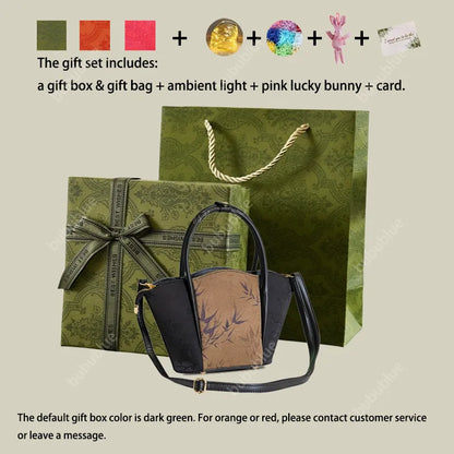 Bamboo Leaf Printed Black Colorblock Handbag