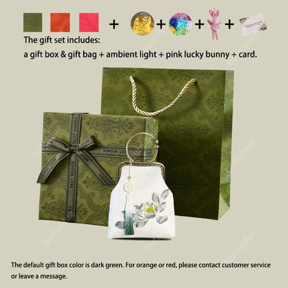 White Lotus Pod Embroidery Handbag with Kiss-Lock