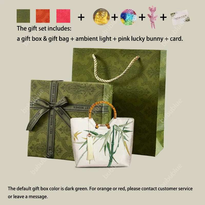 Bamboo Leaf Embroidered White Tote Bag with Bamboo Handle