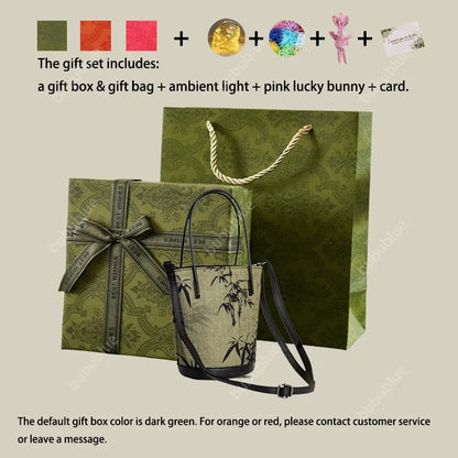 Ink Bamboo Leaf Printed Green Bucket Bag with Leather Strap