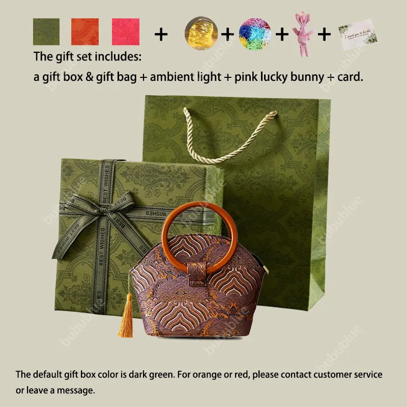 Brocade Shell Handbag with Wooden Ring Handle