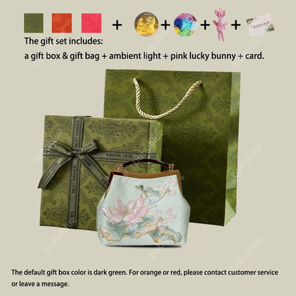 Embroidered Lotus Square Kiss-Lock Handbag with Acrylic Handle